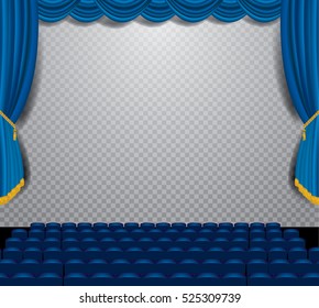 vector transparent empty stage with blue curtain, show business editable background, transparent shadow