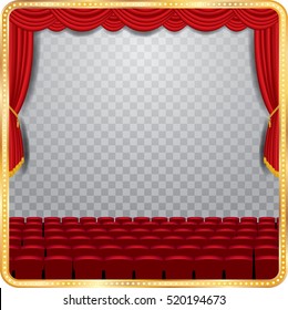 vector transparent empty stage with red curtain and empty auditorium