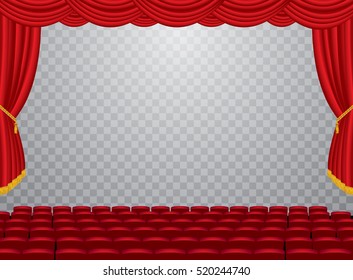 vector transparent empty stage with red curtain and empty auditorium, layered and editable