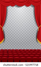 vector transparent empty stage with red curtain and empty auditorium, layered and editable

