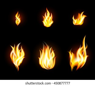 Vector transparent fire flames set on dark background