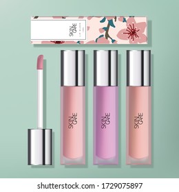 Vector Transparent Frosted Plastic  Lip Gloss Packaging with Gloss Silver Plated Applicator Cap. Sakura Printed Carton Box.