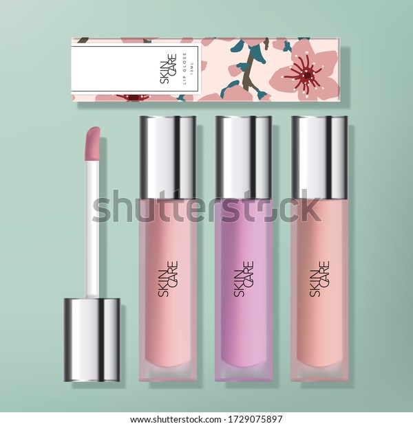 Vector\
Transparent Frosted Plastic  Lip Gloss Packaging with Gloss Silver\
Plated Applicator Cap. Sakura Printed Carton\
Box.