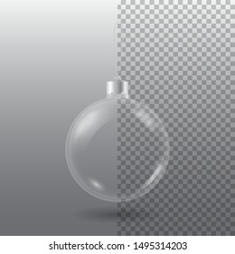 Vector transparent glass christmas tree ball with eyelet isolated on checkered grey background. 3D illustration.