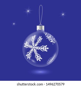 Vector transparent glass christmas tree ball with snowflake pattern on blue background. 3D illustration.