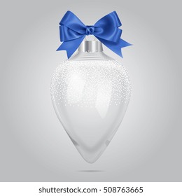 Vector Transparent Glass Christmas Tree Decoration With Snow And Blue Silk Bow