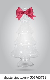 Vector Transparent Glass Christmas Tree With Snow And Red Silk Bow