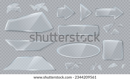 Vector transparent glass design elements for game and web. Arrows and objects.  Broken glass with sharp pieces