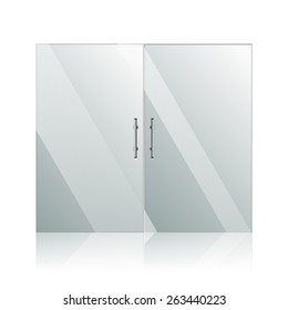 Vector transparent glass doors with mirror image in steel frame isolated on white wall. Architectural interior symbol.  EPS 10
