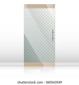 Vector transparent glass doors with mirror image in steel frame isolated on white wall. Architectural interior symbol. Front door EPS10