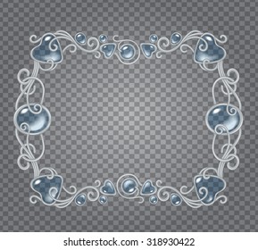 Vector transparent glass and gems decorative metal frame on demonstrative transparent gray grid background - silver horizontal fantasy vignette with baby blue stones and drops