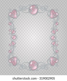 Vector transparent glass and gems decorative metal frame on demonstrative transparent gray grid background - silver vertical light vignette with baby pink stones and drops