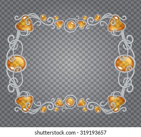 Vector transparent glass and gems decorative metal frame on demonstrative transparent gray grid background - silver horizontal fantasy vignette with amber yellow stones and drops