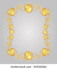 Vector transparent glass and gems decorative metal frame on demonstrative transparent gray grid background - gold vertical fantasy vignette with amber yellow stones and drops