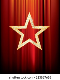estrella de oro transparente vectorial con diamantes en cortina roja