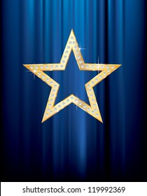 vector transparent golden star with diamonds on blue curtain