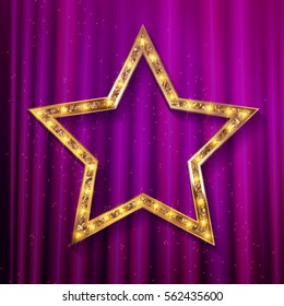 vector transparent golden star with diamonds on purple curtain