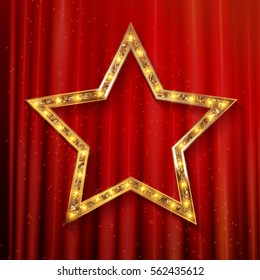 vector transparent golden star with diamonds on red curtain