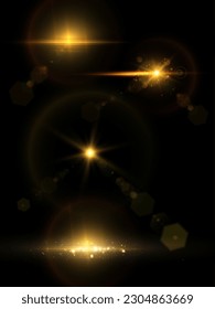 Vector transparent golden sunlight special lens flare light effect. sun glare on the front lens. Vector blur in bright light. Horizontal star beams and spotlight.