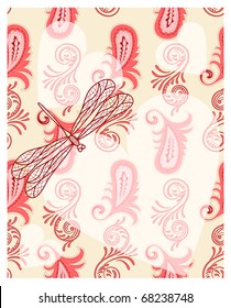 vector transparent hearts with dragonfly on seamless paisley pattern.4 clipping masks. eps 10/