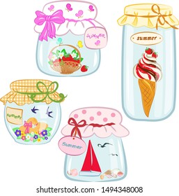   Vector transparent jars objects with decorative lids and the inscription "Summer", isolated on a white background, inside which objects of summer, marine subjects, ice cream, birds, butterflies