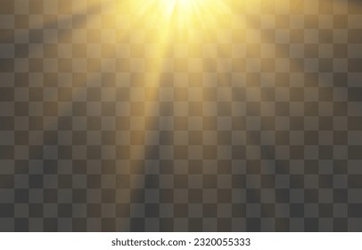 Vector transparent light beams. Light png. Special flash light effect. Glowing sunbeams effect, bright sun or spotlight beams. Decor element isolated on transparent background.