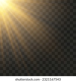 Vector transparent light beams. Light png. Special flash light effect. Glowing sunbeams effect, bright sun or spotlight beams. Decor element isolated on transparent background.