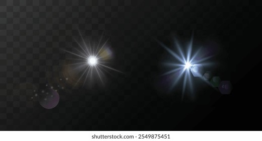 Vector de luces transparentes con efecto de luces de destello de lente especial. Un conjunto de efectos de luz vibrantes con destellos de lentes y esteladas, con una variedad de colores y estilos de brillo.
