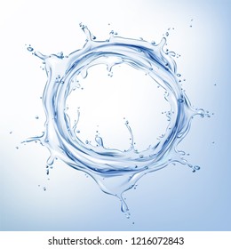 Vector Transparent Liquid Water Swirl Isolated On Blue Background. Aqua Splash With Drops And Blobs. Fresh Appetizing Fluid For Advertising Poster, Design Element For Promo Banner.