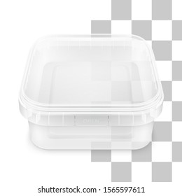 Vector transparent low rectangular empty plastic bucket for storage of foodstuff, butter or ice cream. Top view. Packaging mockup illustration.