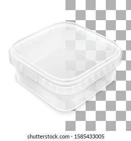 Vector transparent low rectangular empty plastic bucket for storage of foodstuff, paint or different little things. Top view from the corner. Packaging mockup illustration.