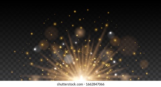 Vector transparent magic light effect with rays, stars and sparkles with bokeh. Realistic design element soft half fireworks with glitter splatter elements. Vector isolated on plaid vector background