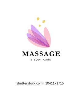 Vector transparent massage logo with lotus flower symbol in light colors isolated on white background. Perfect for beauty, spa, yoga salon, wellness and health care centers, fashion insignia design.