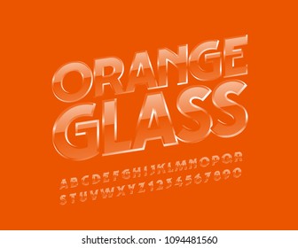 Vector Transparent Orange Glass Font. Glossy Alphabet Letters and Numbers