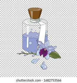 Vector transparent orchid flower perfume bottle with flowers near it. Wooden cork and white tag
