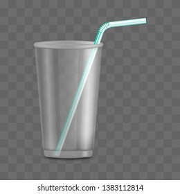 Vector transparent plastic cup with straw. Disposable beverage container for party, takeaway drinks or outdoor picknics, barbecue. Empty juice, water or alcohol cocktails drinks container mockup