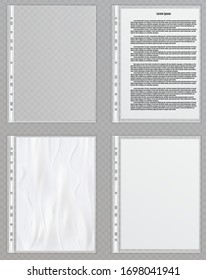 Vector transparent plastic files. Cellophane folders to protect documents