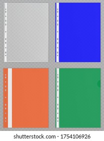 Vector transparent plastic files. Cellophane folders to protect documents