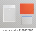 Vector transparent plastic files - set of office supplies. Cellophane folders with zipper, button to protect documents. Red cardboard envelope. Translucent stationery collection isolated on background
