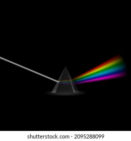 Vector Transparent Prism. Colorful Light Rays. Ray Rainbow Spectrum Dispersion. Optical Effect in Triangle Glass. Educational Physics Refraction. Laser Show.