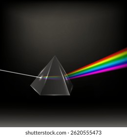 Vector Transparent Prism. Colorful Light Rays. Ray Rainbow Spectrum Dispersion. Optical Effect in Triangle Glass. Educational Physics Refraction. Laser Show.