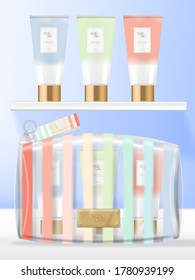 Vector Transparent PVC Cosmetics, Beauty or Wash Bag Set with Hand cream Tube Packaging. Summer Rainbow Stripes Printed.