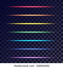 Vector transparent rainbow neon markers for dark background. Vector glowing lines. Set of neon glowing lights.