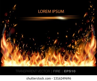 Vector transparent realistic fire flames with sparks  and light effect frame for your text