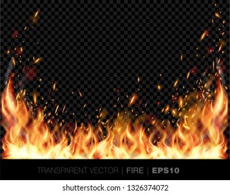 Vector transparent realistic fire flames with sparks 