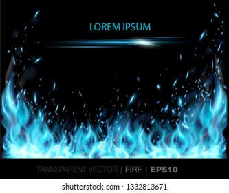 Vector transparent realistic fire flames with sparks  and light effect frame for your text