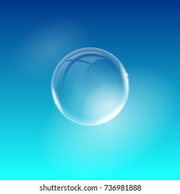 Vector transparent realistic soap bubble isolated on blue background. Easy to use for your design.