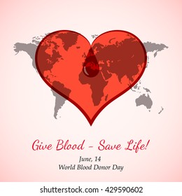 Vector Transparent Red Heart with Blood Drop over World Map. Element for the World Blood Donor Day and other medical projects and design. Red Heart Icon. Medical Blood Donation Design Elements.