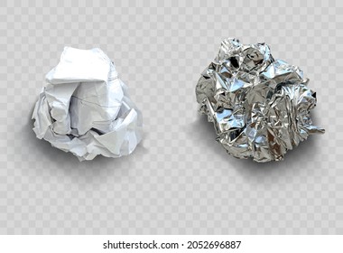 Vector with transparent shadow. Set of realistic crumpled sheets of paper and foil.