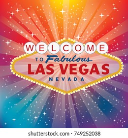 vector transparent sign of Las Vegas with stars and burst on rainbow colors blurry background, layered and fully editable